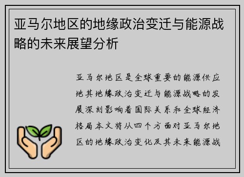 亚马尔地区的地缘政治变迁与能源战略的未来展望分析