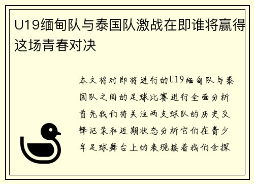 U19缅甸队与泰国队激战在即谁将赢得这场青春对决