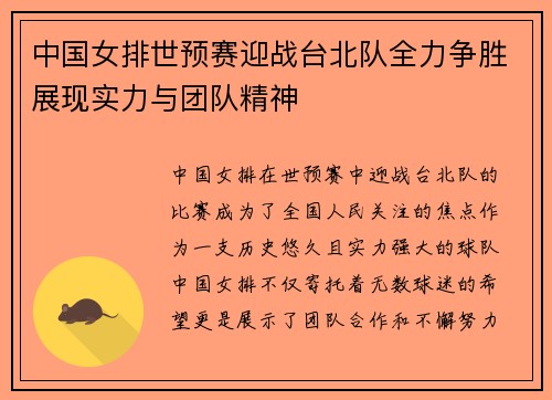 中国女排世预赛迎战台北队全力争胜展现实力与团队精神