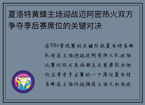 夏洛特黄蜂主场迎战迈阿密热火双方争夺季后赛席位的关键对决