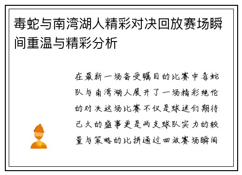 毒蛇与南湾湖人精彩对决回放赛场瞬间重温与精彩分析