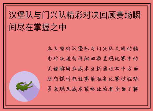 汉堡队与门兴队精彩对决回顾赛场瞬间尽在掌握之中