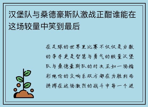 汉堡队与桑德豪斯队激战正酣谁能在这场较量中笑到最后